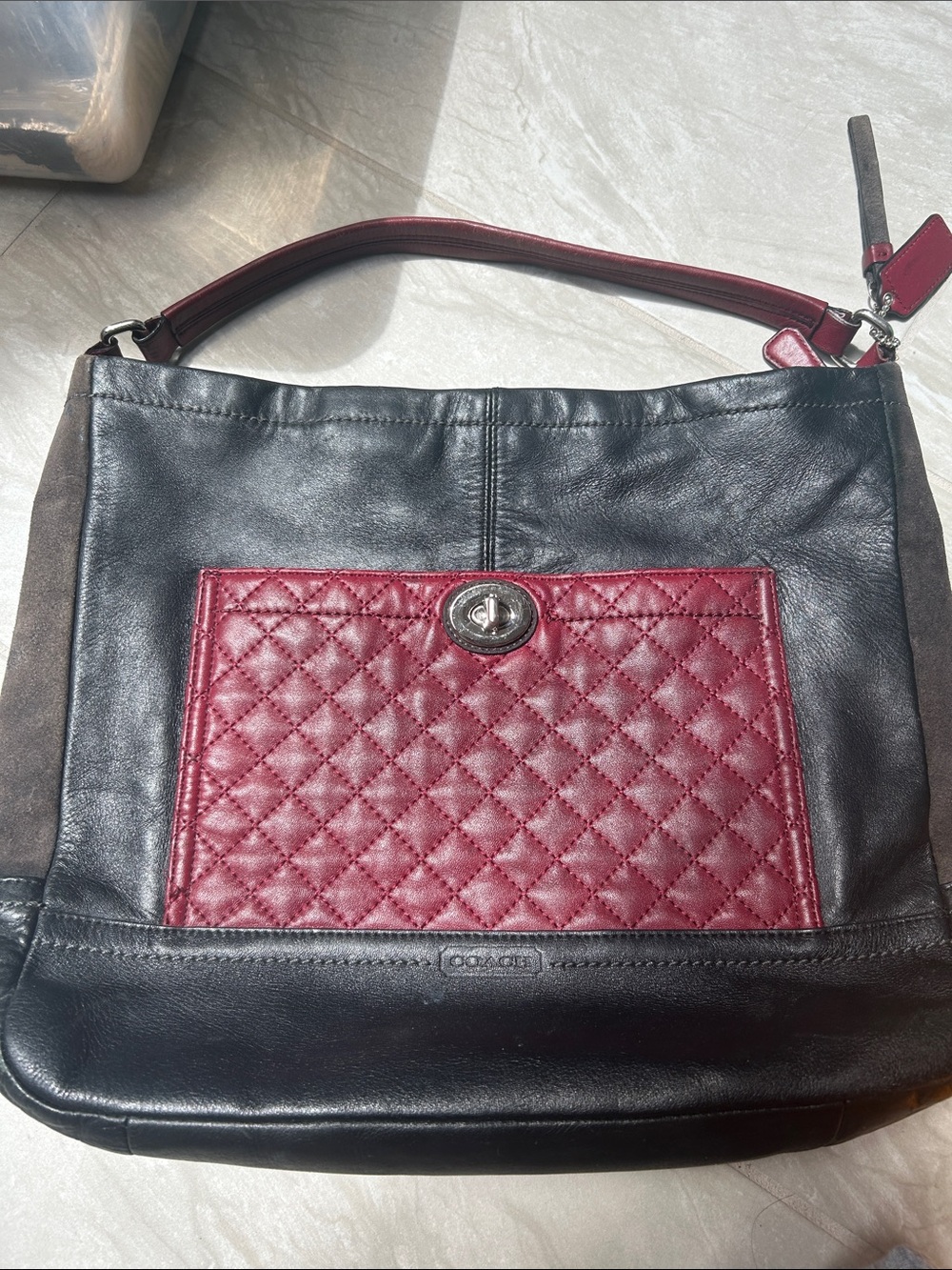 Coach Black Leather Shoulder Bag with Burgundy Quilted Front Pocket